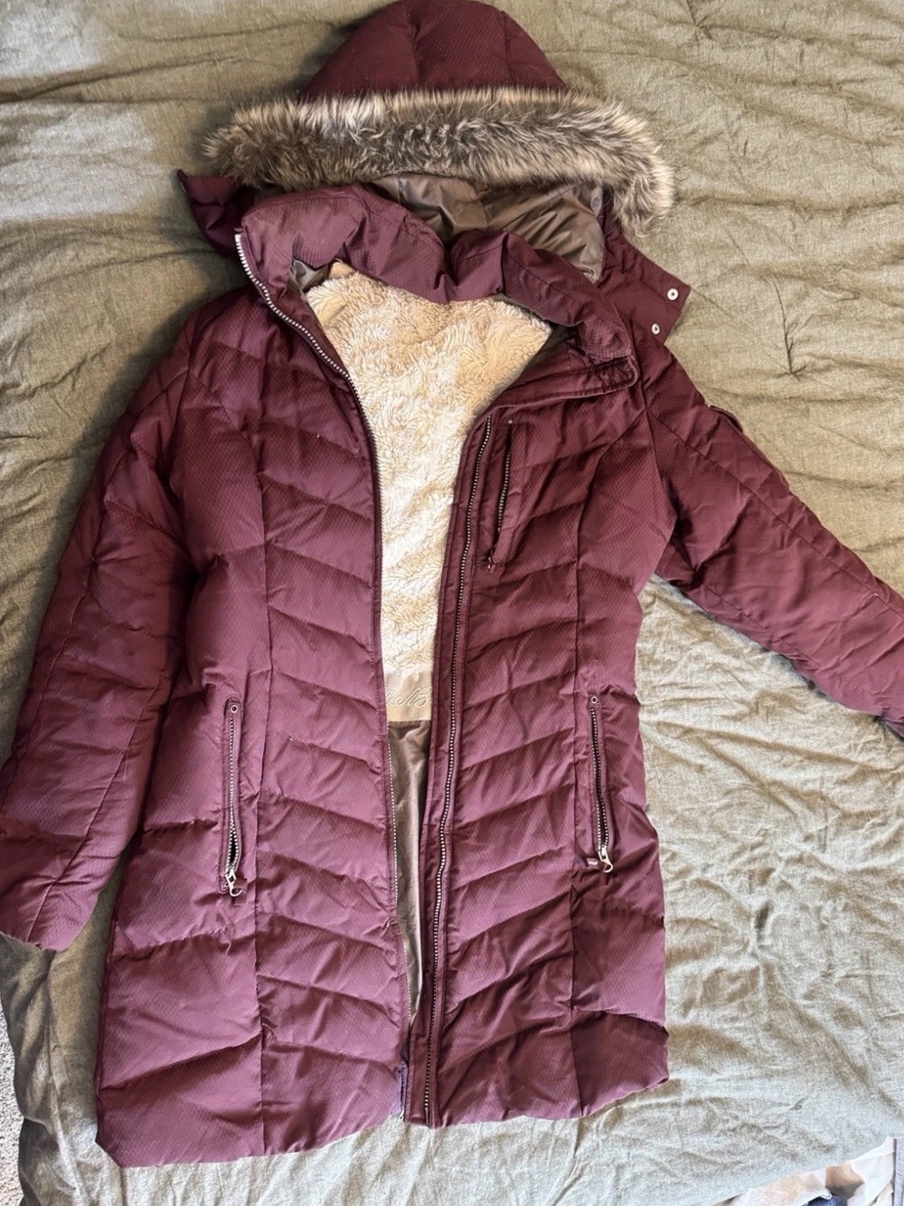Eddie Bauer Quilted Faux-Fur Hooded Puffer Coat - Burgundy